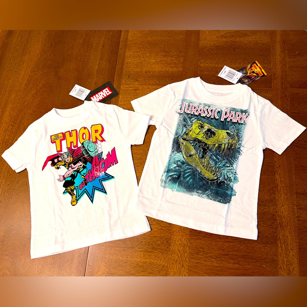 Marvel THOR & JURASSIC PARK Tees * Lot of 2 * Kids size 4 * Boys Unisex T-Shirts